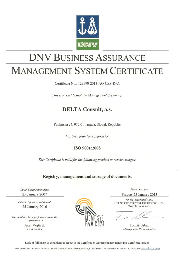 Delta Consult certifikát
